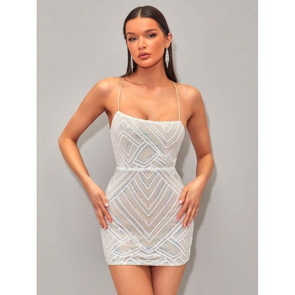 Shein BAE Mini Dress Geometric Sequin Spaghetti Strap Party Club Size M/ 6 - Picture 1 of 12